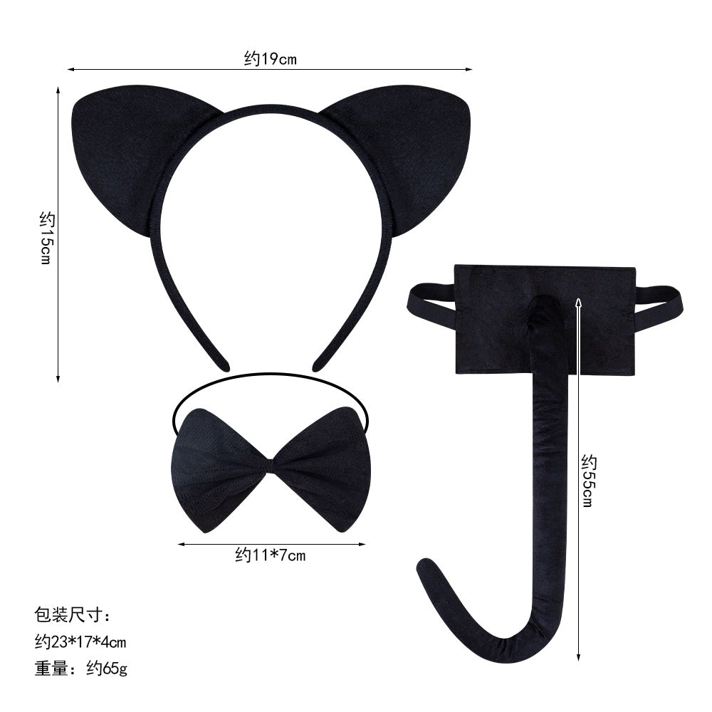 Halloween Black Cat Ears Headband With Plush Animal Ears Set