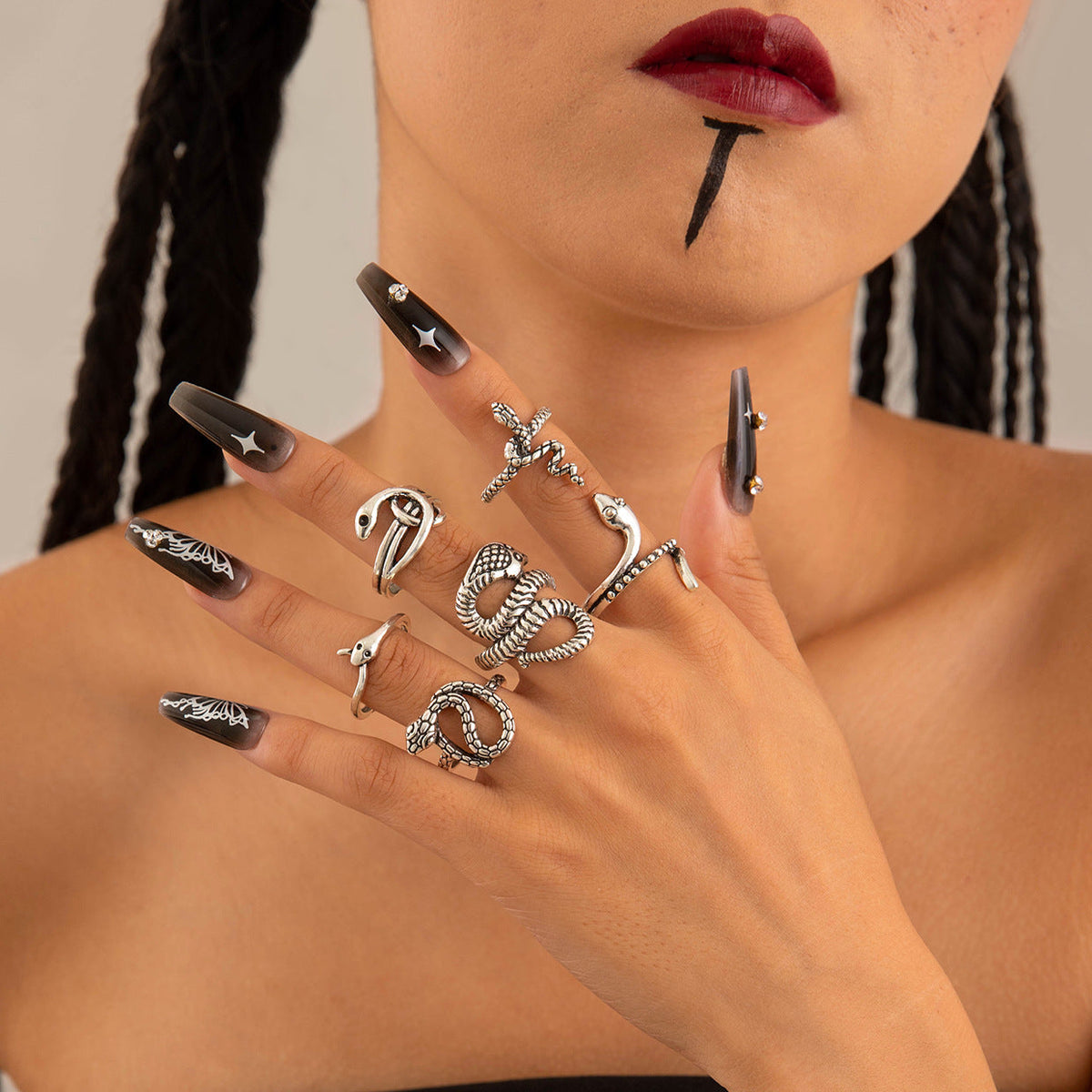 Halloween Dark Skull Vintage Ring Punk Spider Snake Set