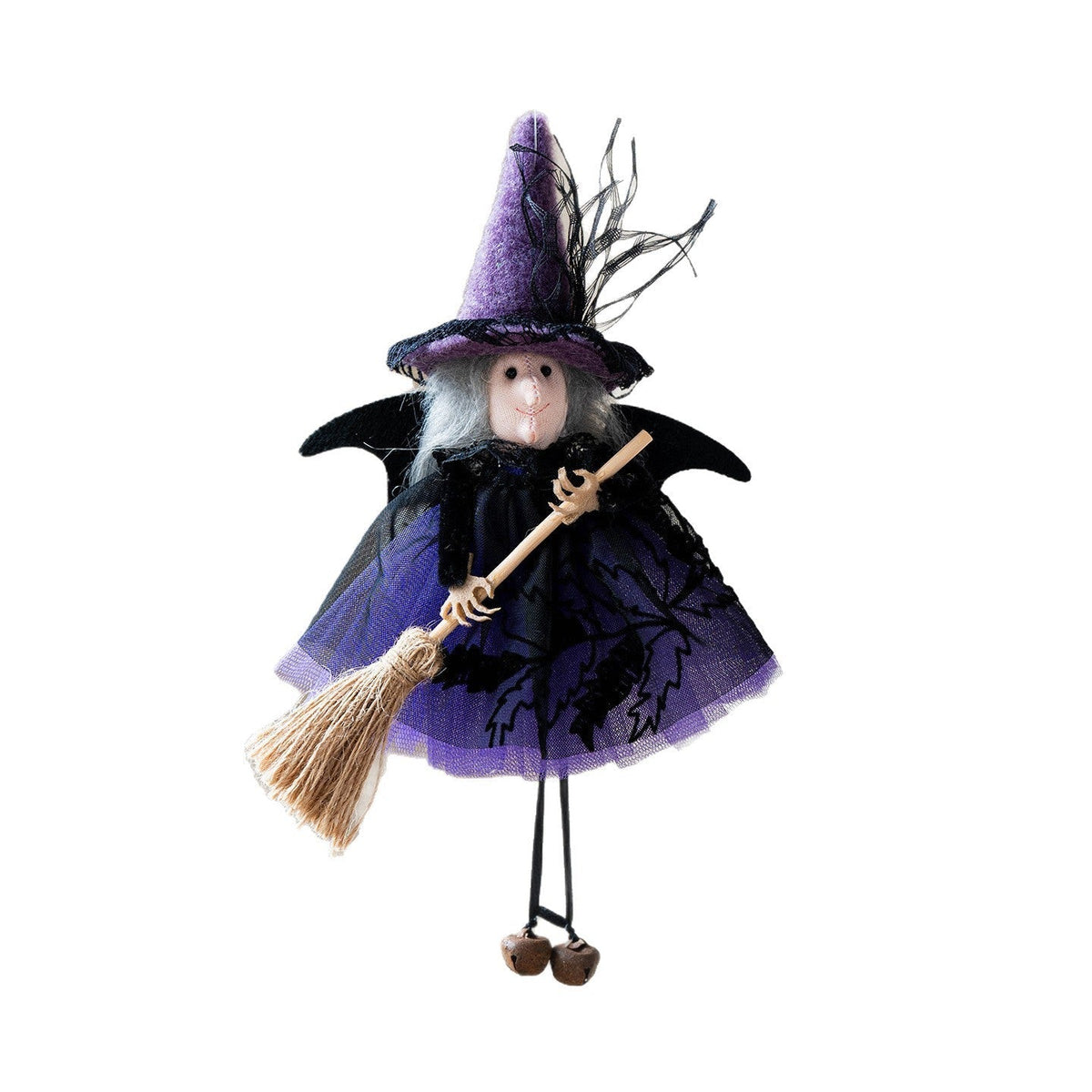 Halloween Mesh Broom Witch Decoration Bell Dangler