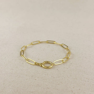 18k Gold Filled Paperclip Chain With Round Clicker Clasp Bracelet: 7 inches