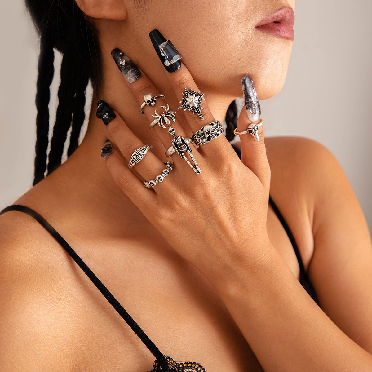 Halloween Dark Skull Vintage Ring Punk Spider Snake Set