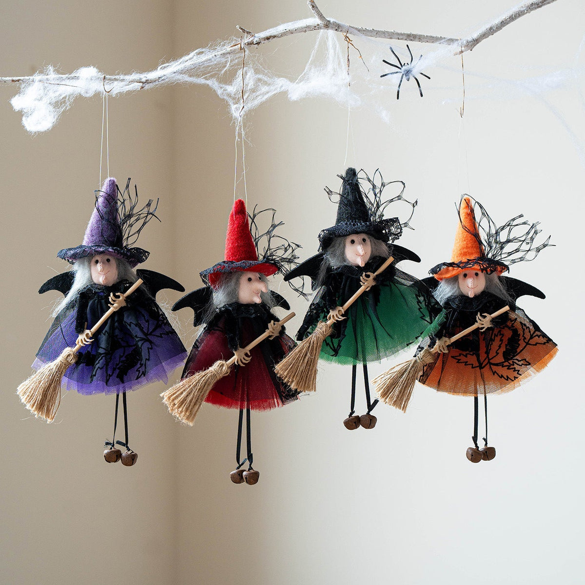 Halloween Mesh Broom Witch Decoration Bell Dangler