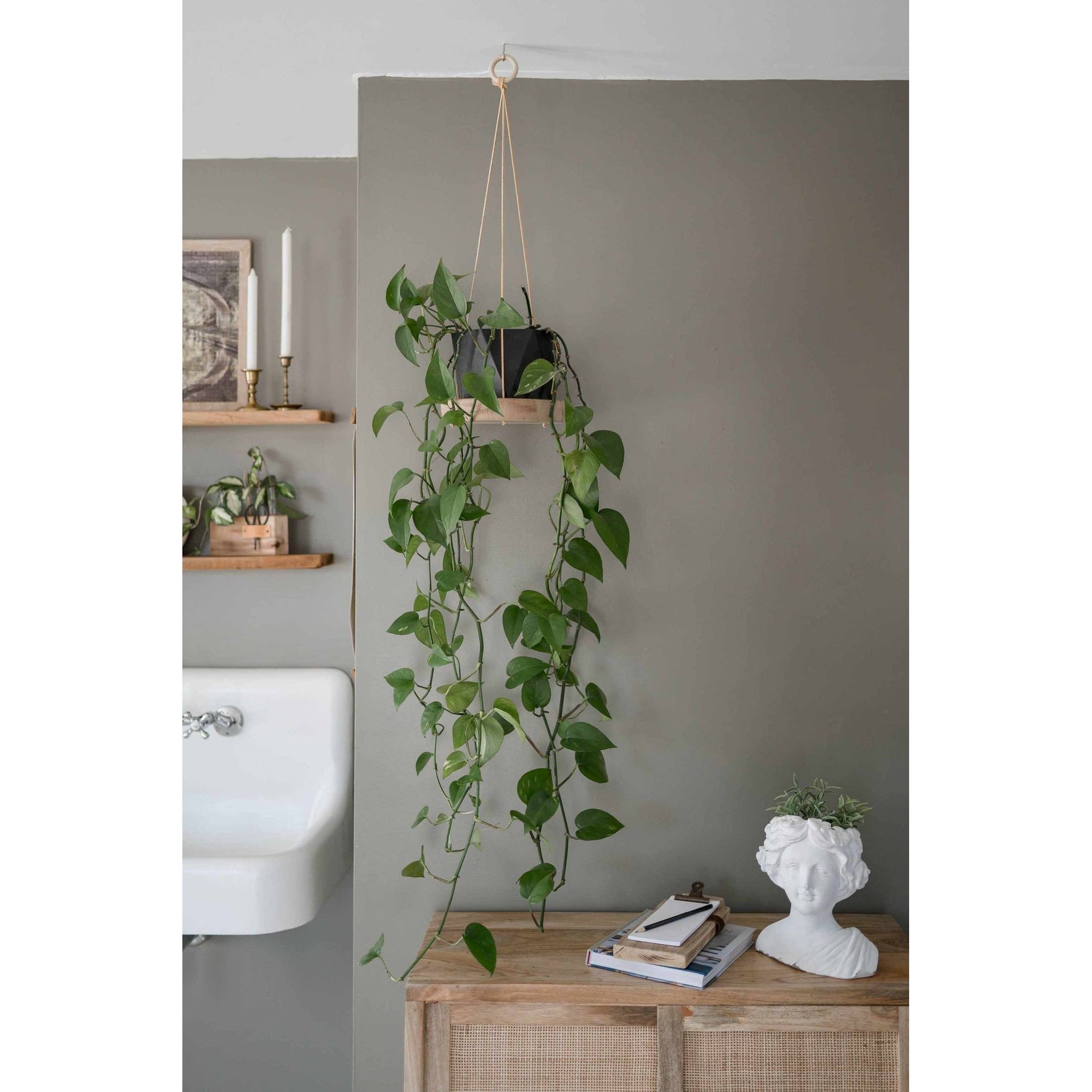 Reclaimed White Oak Round Plant Hanger with Leather Straps