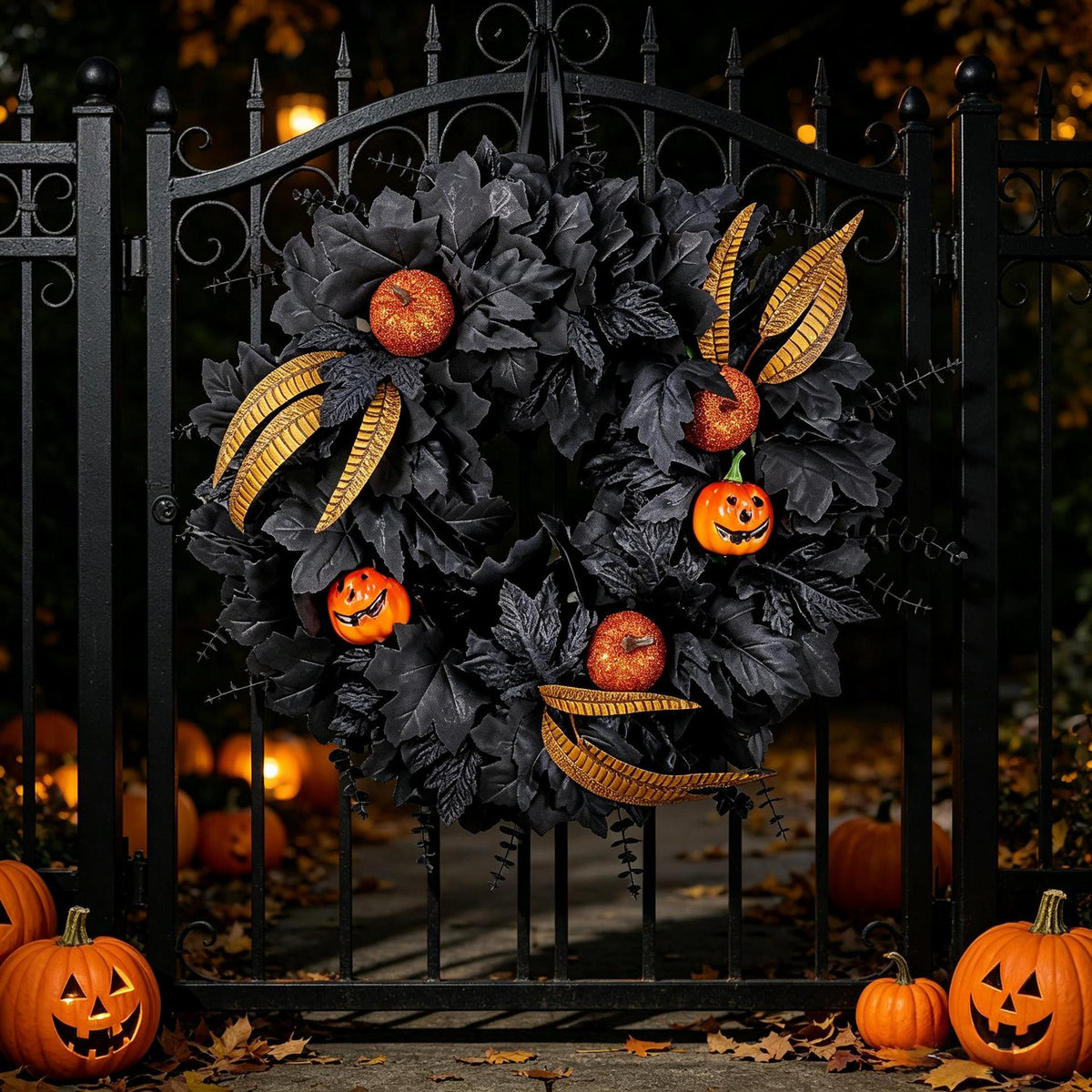 Halloween Decor Black Maple Leaf Pumpkin Flower Wreath