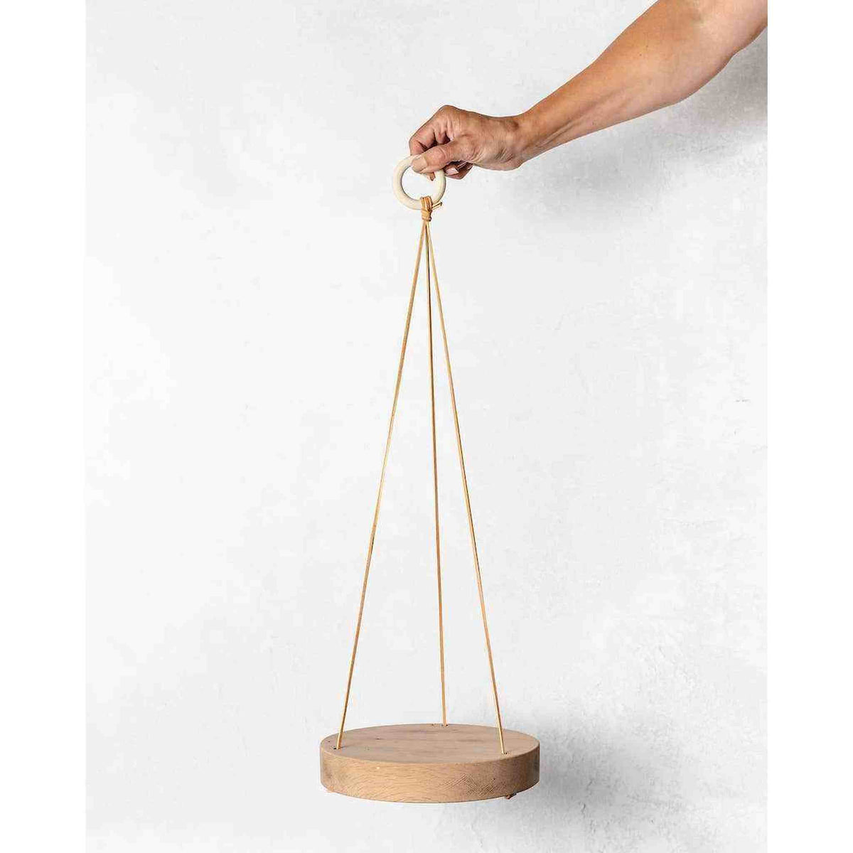 Reclaimed White Oak Round Plant Hanger with Leather Straps