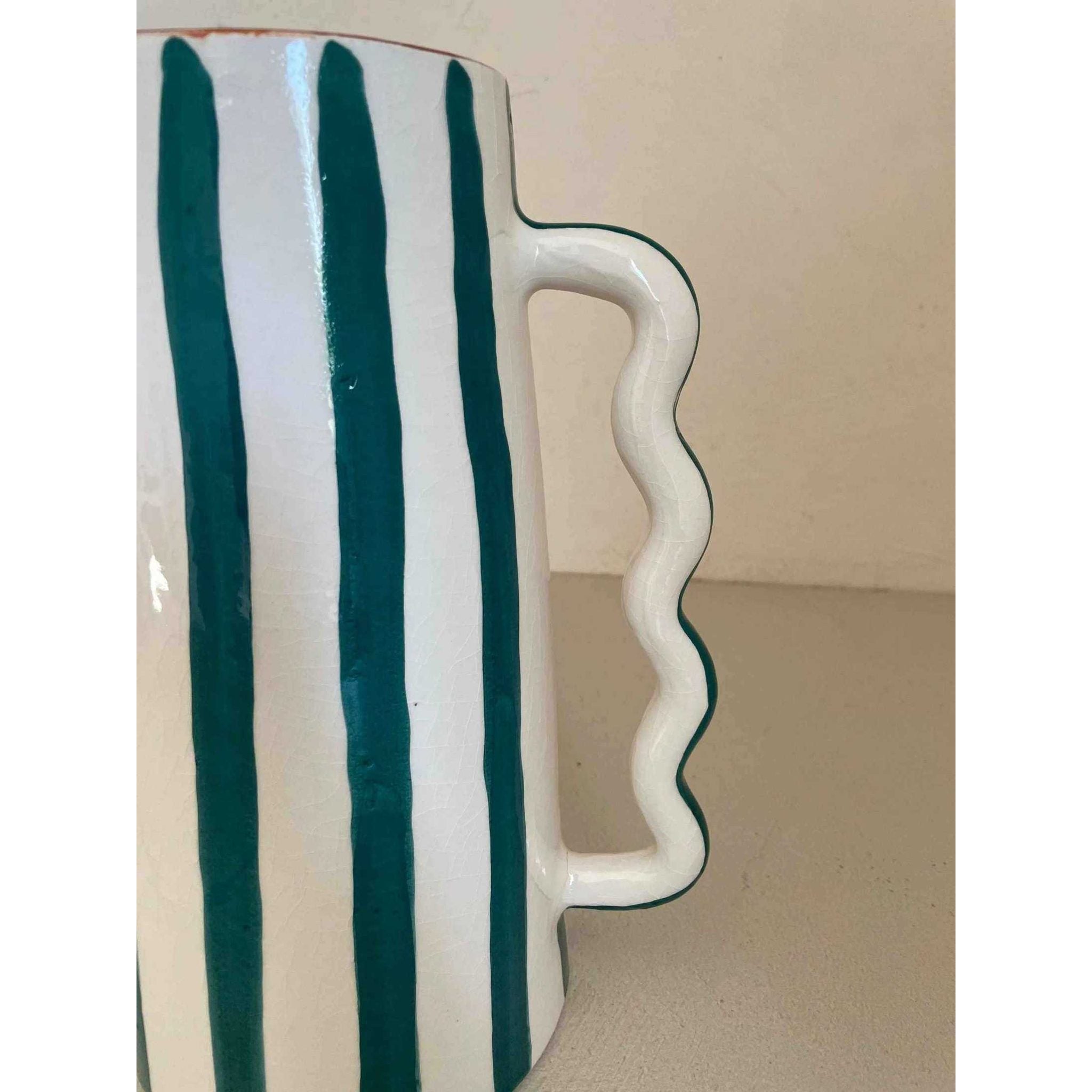 Fir Green and White Striped Abstract Ceramic Vase