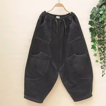 Plus Size Denim Retro Wide Legs Plush Warm Stylish Harem Pants