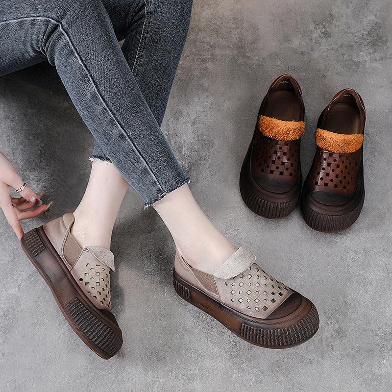 Retro Leather  Round Toe Hallow Thick Sole Casual Slip-On Flats