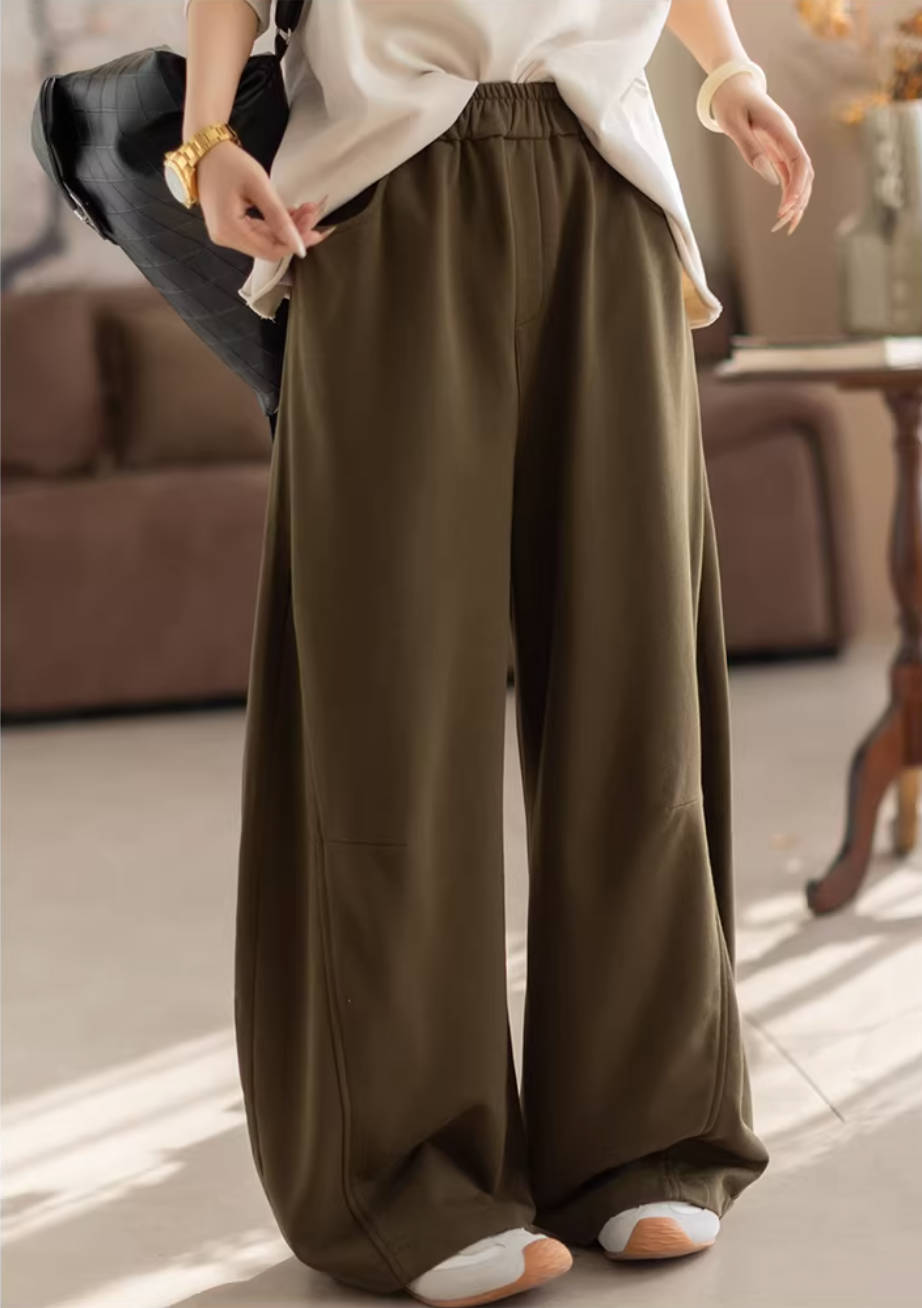 Solid Color Cotton Elastic Waist Long Wide Legs Loose Pants