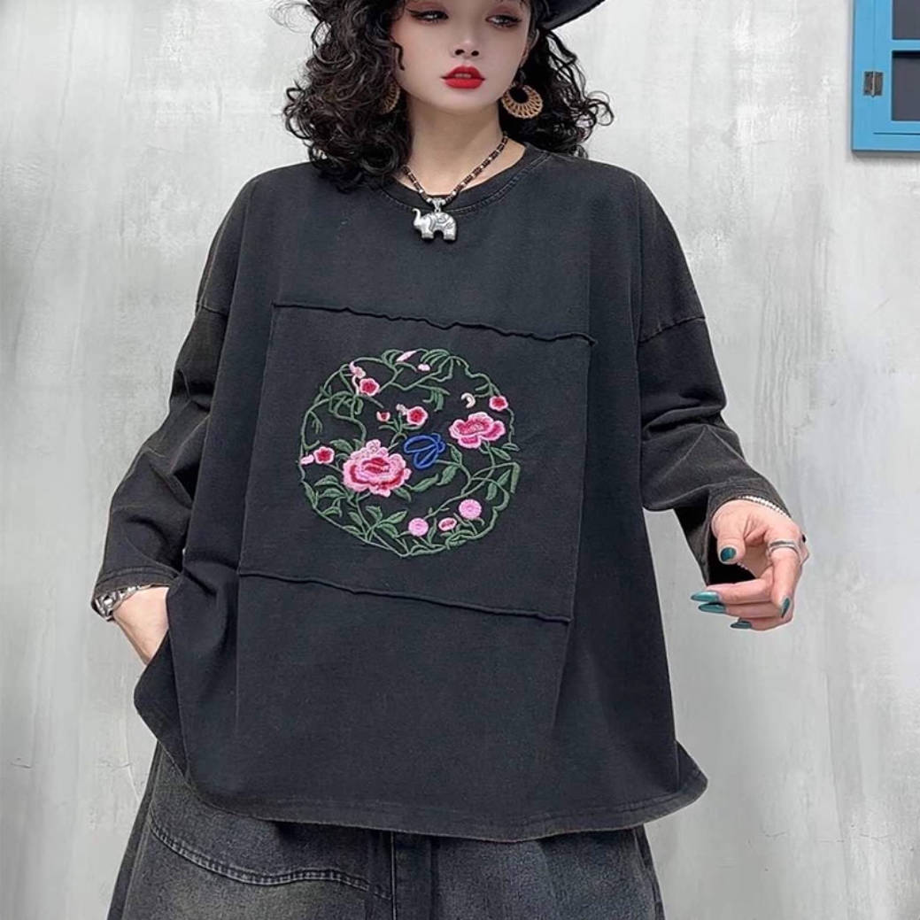 Autumn Cotton Floral Round Neck Embroidered Long Sleeves Pullover