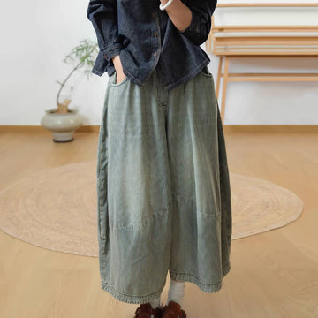 Spring Retro Blue Striped Denim Wide Legs Loose Elastic Waist Pants