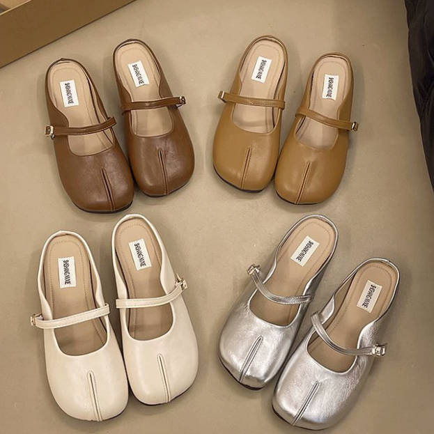 Vintage Leather Half-Open Toe Split-Toe Slippers Lazy Flat