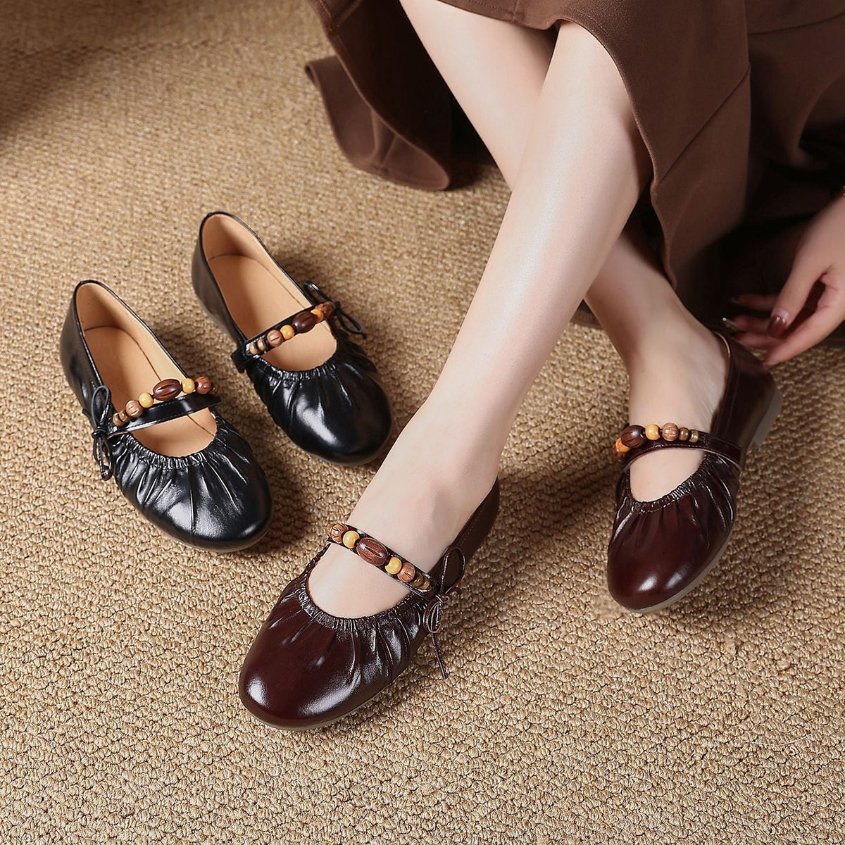Babakud Spring Leather Round Toe Beads Bow Soft Sole Flat Shoes