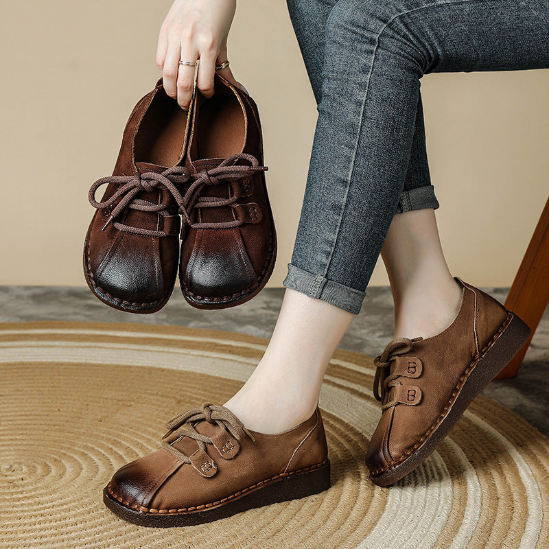 Top Leather Retro Gradient Color Round Toe Lace-Up Soft Sole Flats