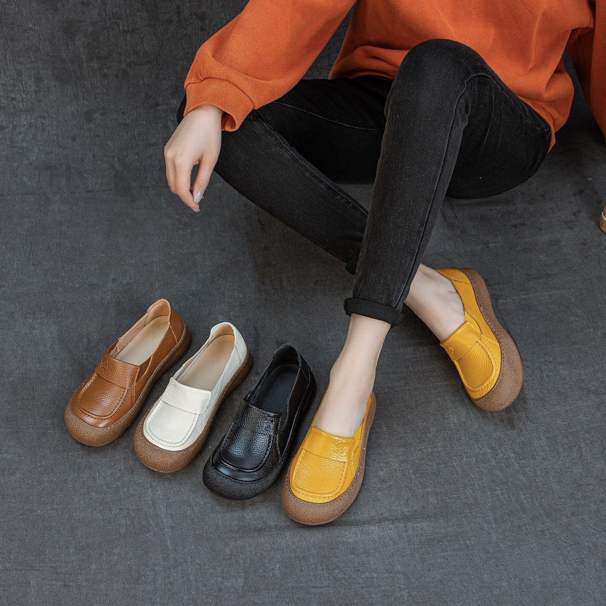 Genuine Leather Simple Round Toe Elastic Soft Sole Flat Slip-Ons
