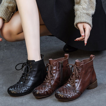 Women Retro Cowhide Round Toe Woven Lace-Up Chunky Boots