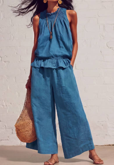 Retro Bohemian Linen Ruffled Sleeveless Wide-Leg Pants Set