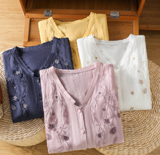 Vintage Embroidered Loose Linen V-Neck Mid Sleeve Top Shirt