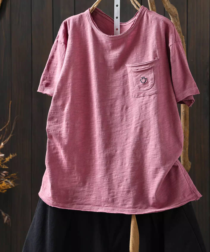 Solid Color Cotton Casual Round Neck With Pockets T-Shirts