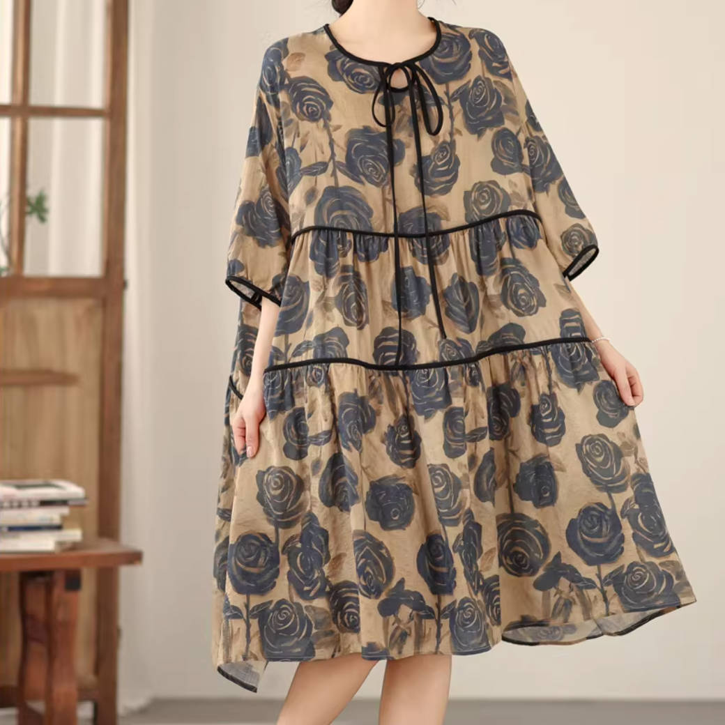 Summer Linen Loose Floral Printed Lace-Up Half Sleeves A-Line Dress