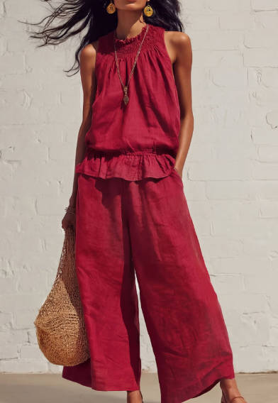 Retro Bohemian Linen Ruffled Sleeveless Wide-Leg Pants Set