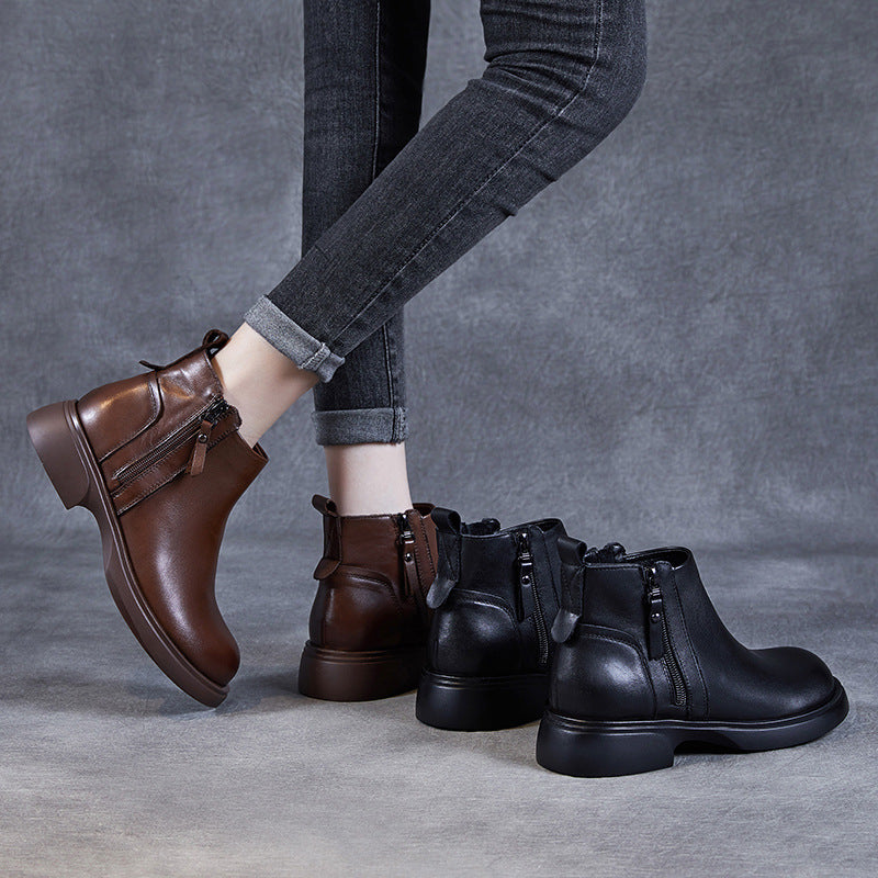 Retro Leather Casual Soft Flat Sole Simple Zipper Ankle Boots