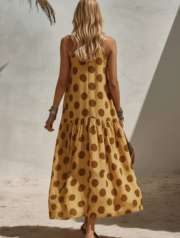 Summer V Neck Polka Dot Vacation Style Sleeveless Loose Long Dress