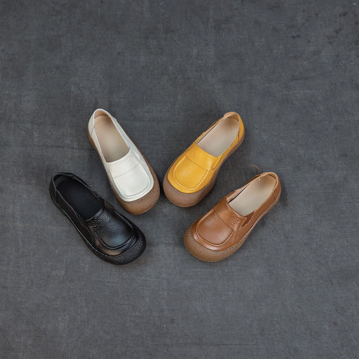 Genuine Leather Simple Round Toe Elastic Soft Sole Flat Slip-Ons