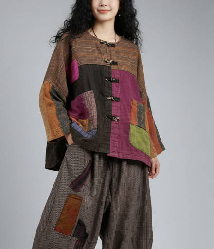 Autumn Artistic Retro Cotton-Linen Patchwork Frog Button Jacket