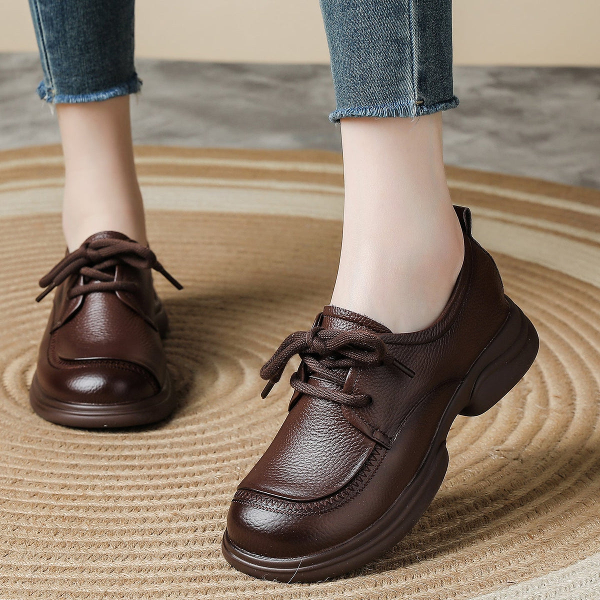Genuine Leather Round Toe Thick Sole Lace-Up Casual Flat Shoes