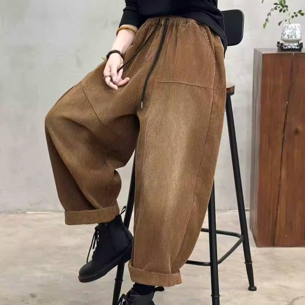 Women Cotton Corduroy Thick Loose Elastic Waist Harem Pants