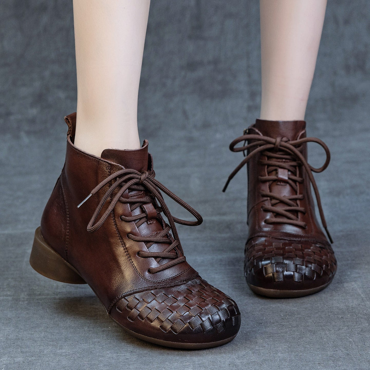 Women Retro Cowhide Round Toe Woven Lace-Up Chunky Boots