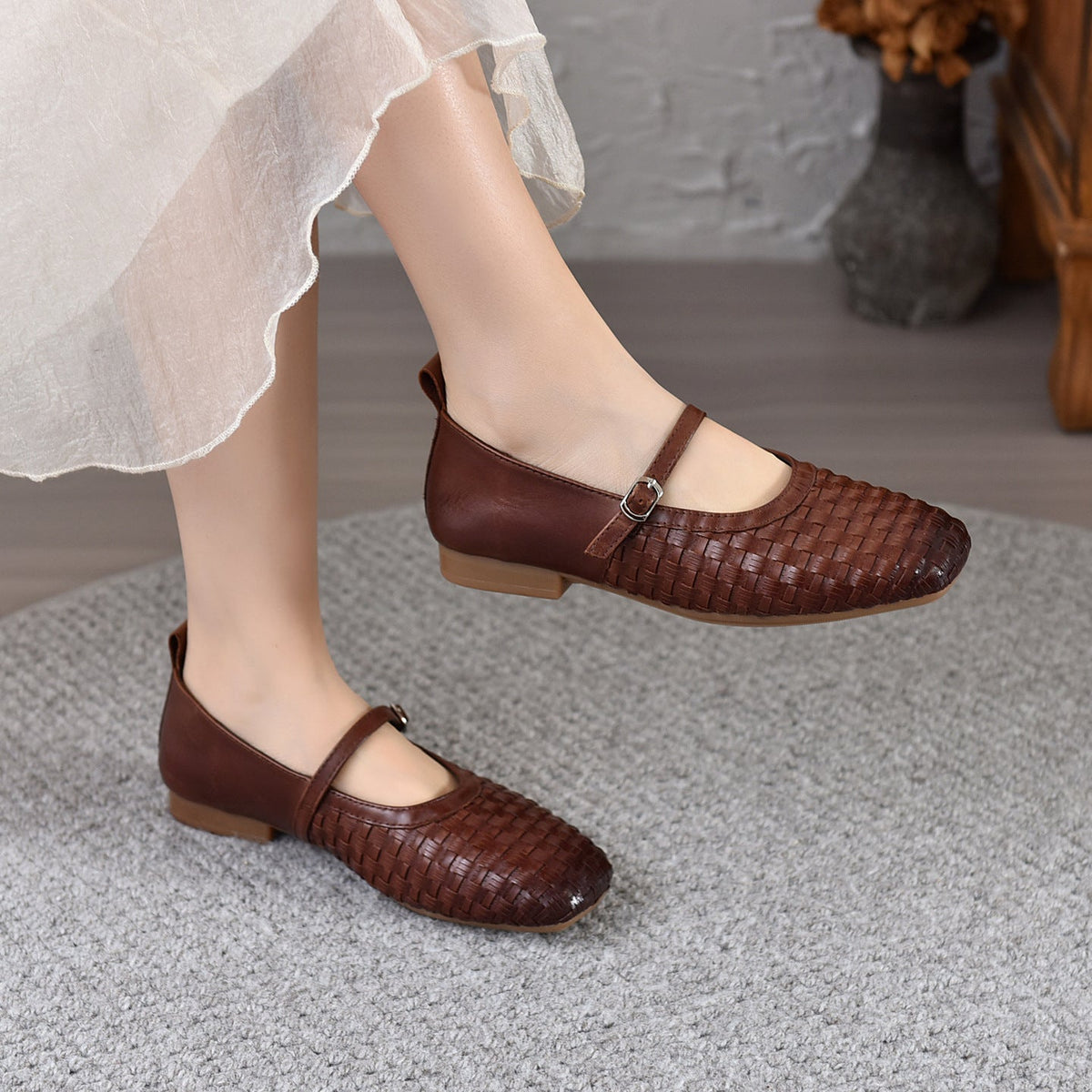 Elegant Leather Woven Shallow One Straped Soft Sole Flat Shoes