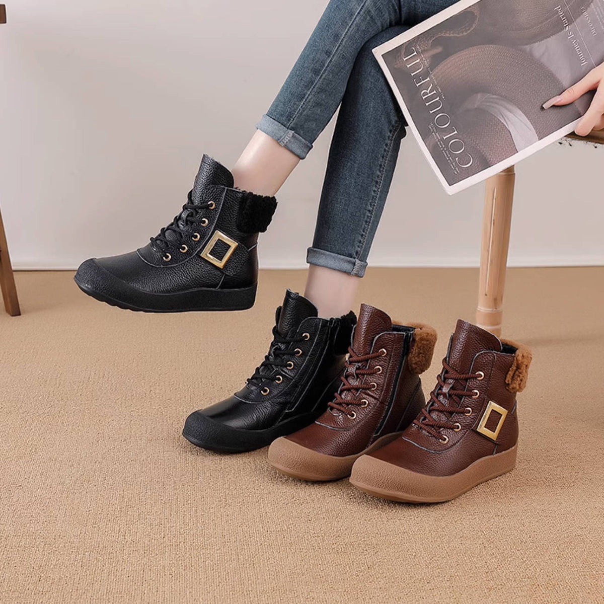 Genuine Top Leather Warm Casual Round Toe Soft Sole Ankle Boots