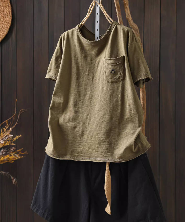 Solid Color Cotton Casual Round Neck With Pockets T-Shirts