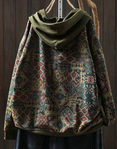 Autumn Vintage Loose Ethnic Print Hooded Spliced Pocket Sweatshirt