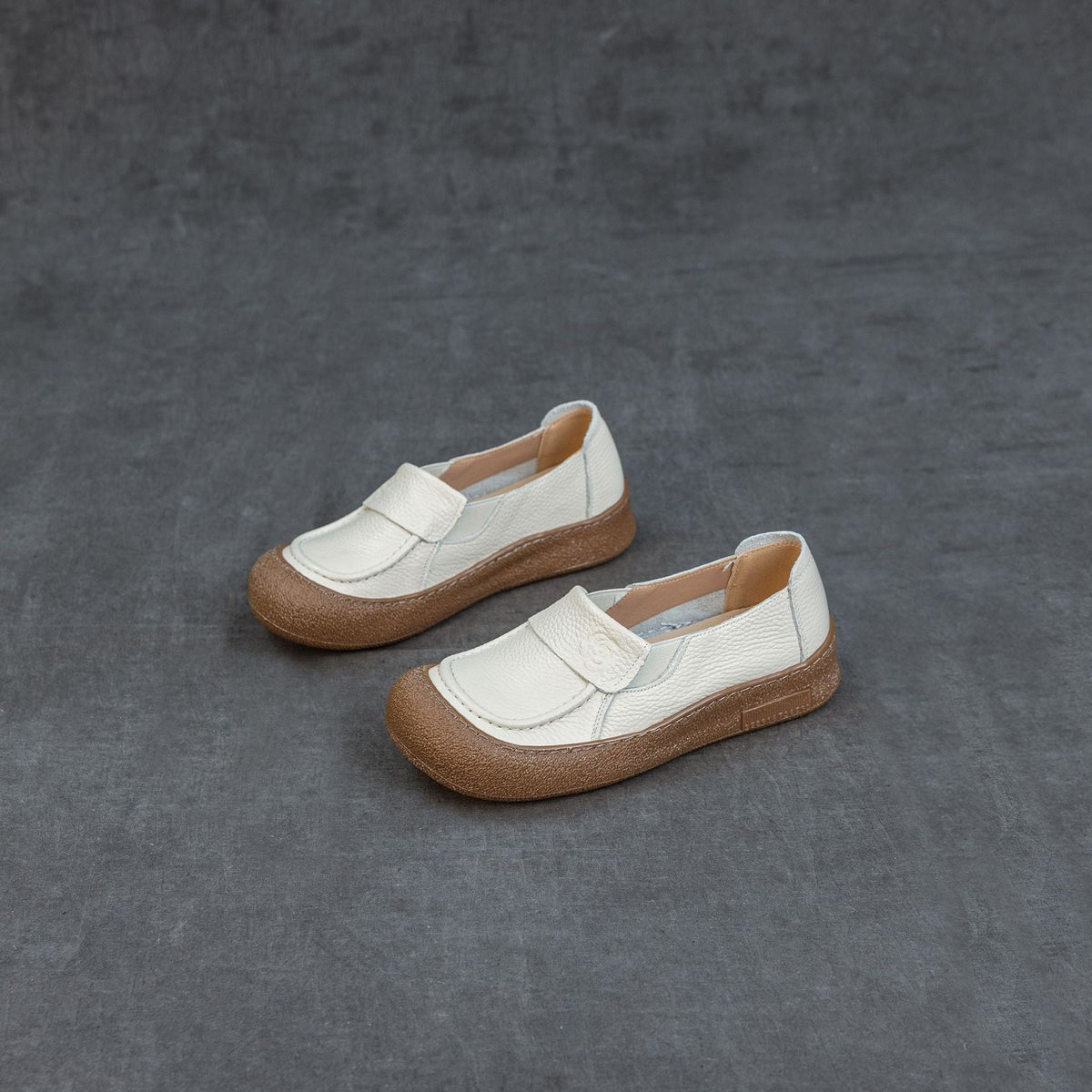 Genuine Leather Simple Round Toe Elastic Soft Sole Flat Slip-Ons