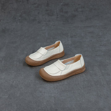 Genuine Leather Simple Round Toe Elastic Soft Sole Flat Slip-Ons