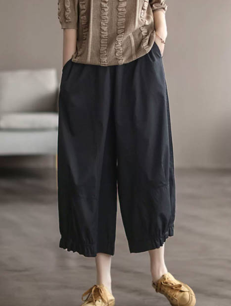 Casual Summer Solid Color High-Waisted Cotton Capri Pants