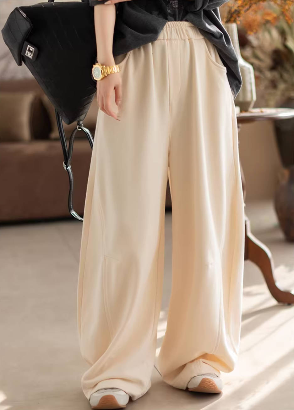 Solid Color Cotton Elastic Waist Long Wide Legs Loose Pants