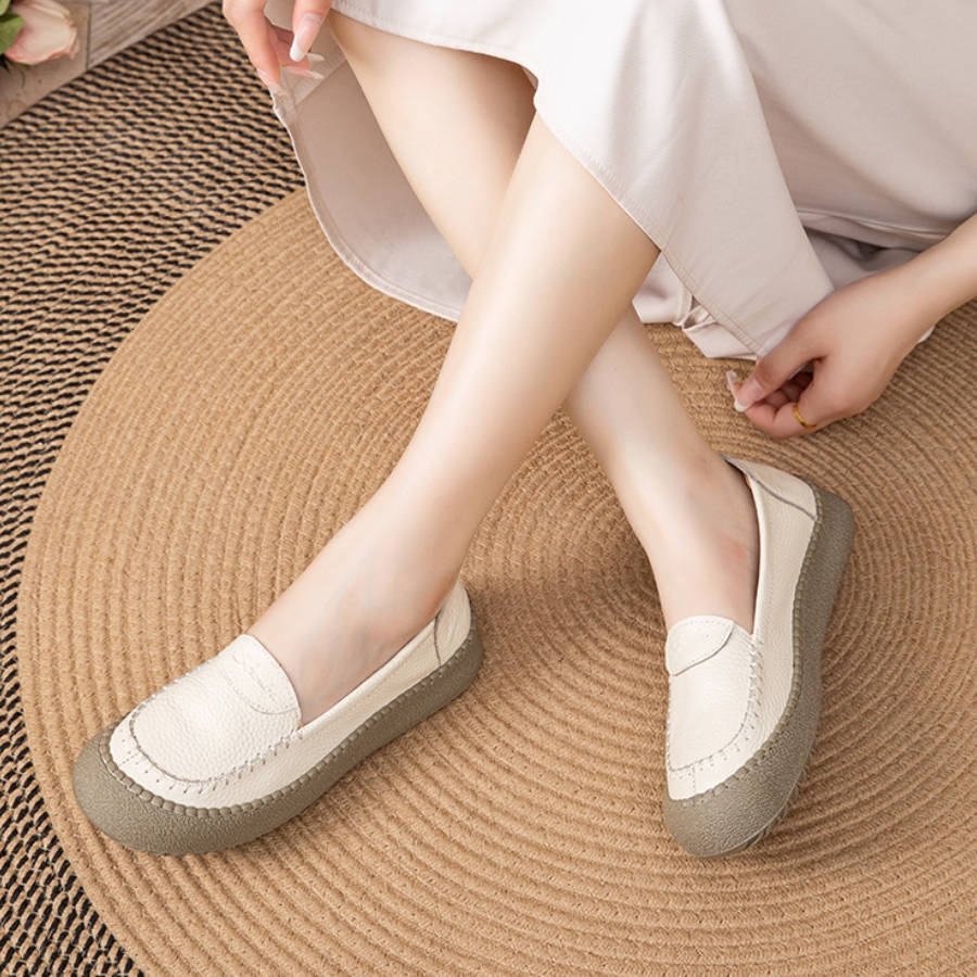 Genuine Leather Round Toe Soft Sole Shallow Versatile Slip-On Flats