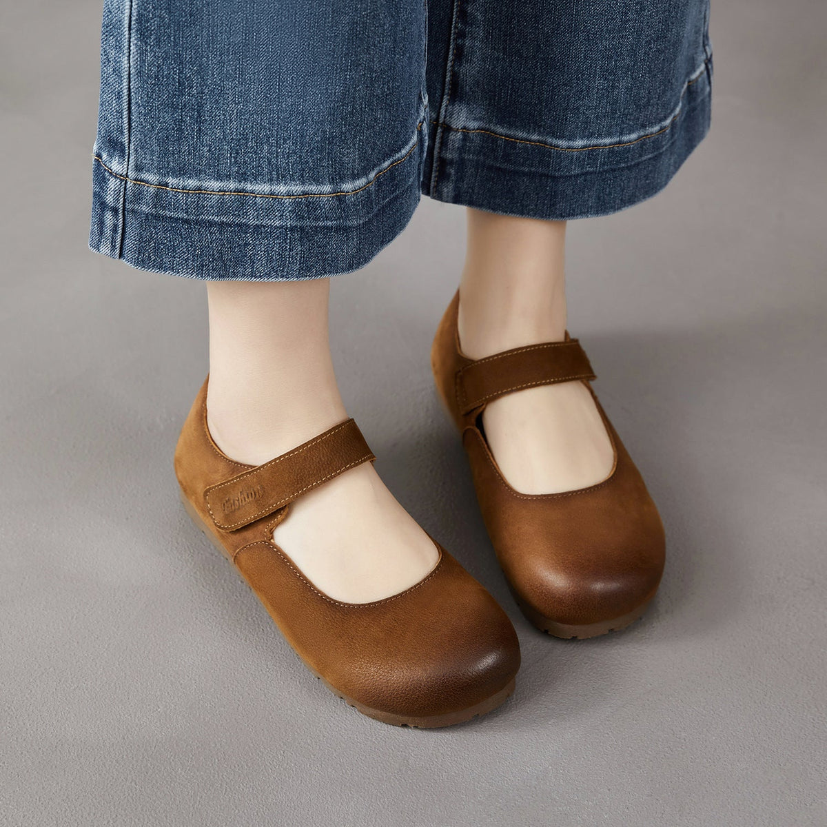 Genuine Leather Round Toe Shallow One Straped Velcro Soft Sole Flats