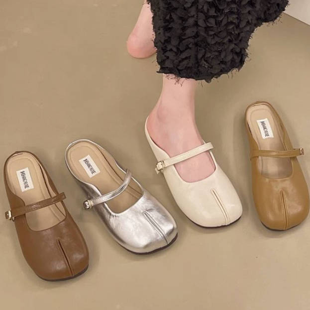 Vintage Leather Half-Open Toe Split-Toe Slippers Lazy Flat