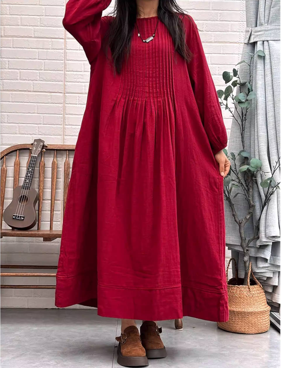 Autumn Cotton Retro Round Neck Loose A-Line Casual Dress