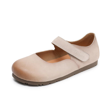 Genuine Leather Round Toe Shallow One Straped Velcro Soft Sole Flats