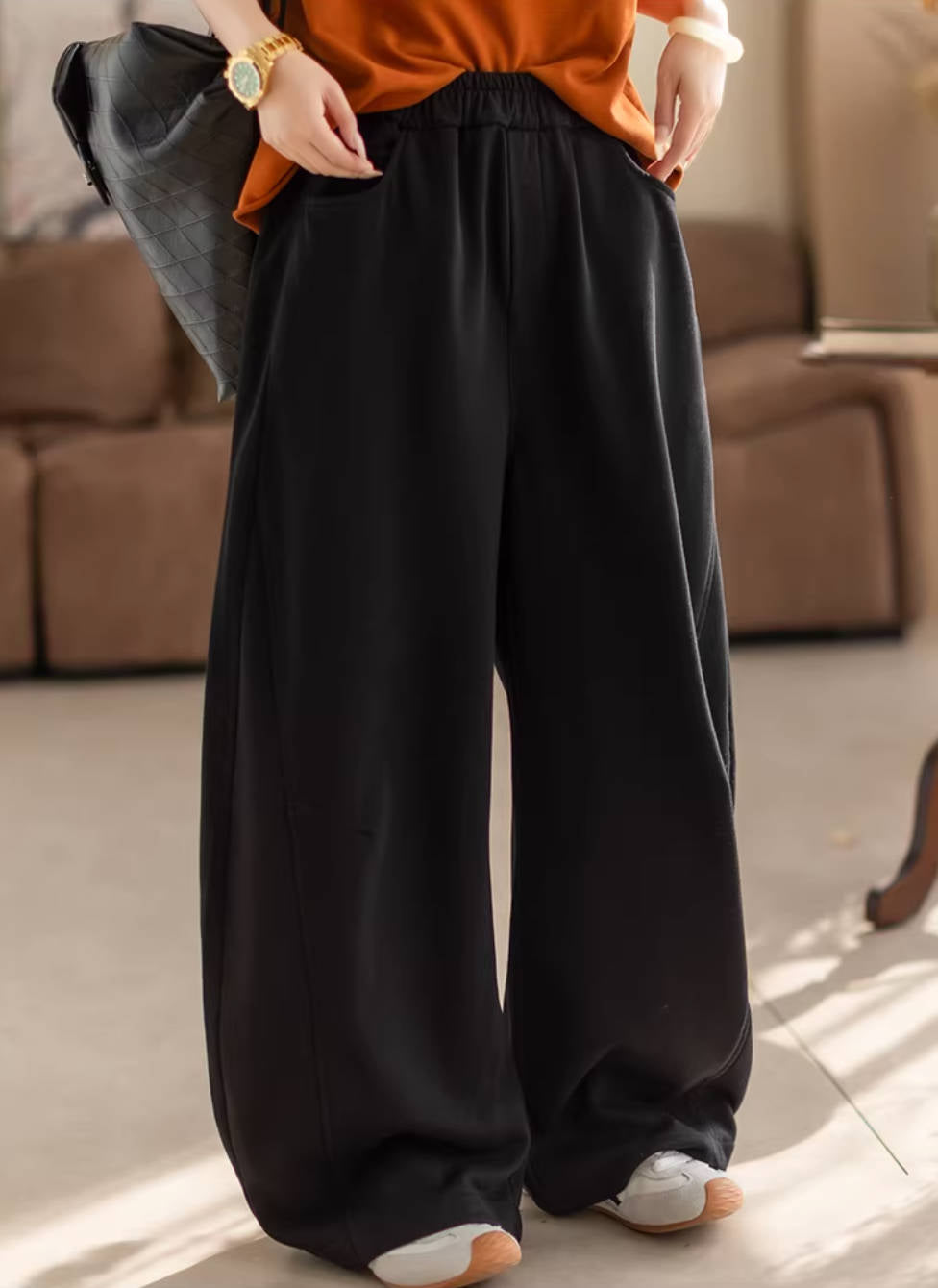 Solid Color Cotton Elastic Waist Long Wide Legs Loose Pants
