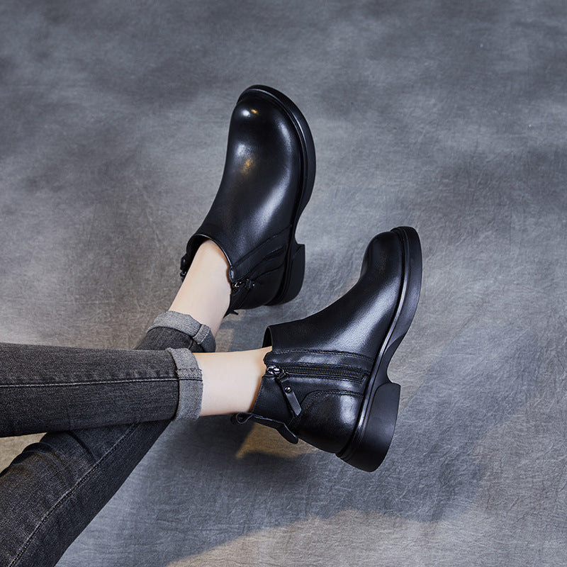 Retro Leather Casual Soft Flat Sole Simple Zipper Ankle Boots