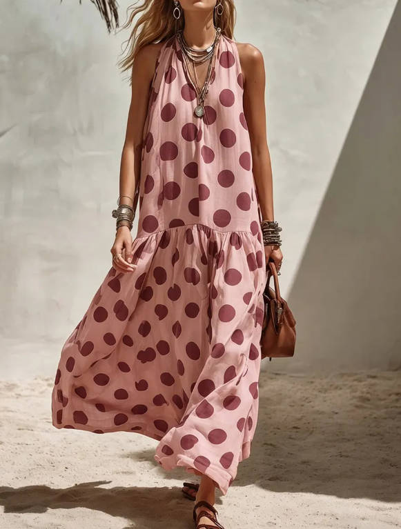Summer V Neck Polka Dot Vacation Style Sleeveless Loose Long Dress