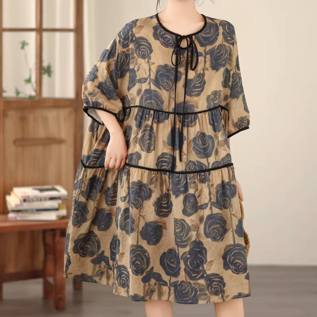 Summer Linen Loose Floral Printed Lace-Up Half Sleeves A-Line Dress