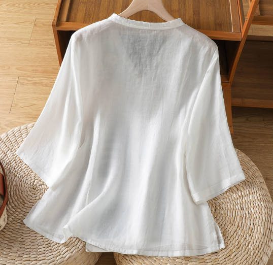Vintage Embroidered Loose Linen V-Neck Mid Sleeve Top Shirt